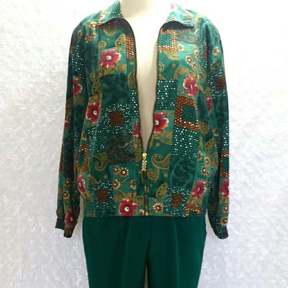 90s Petite Deep Green Floral Jacket Pantsuit - Picture 2 of 8